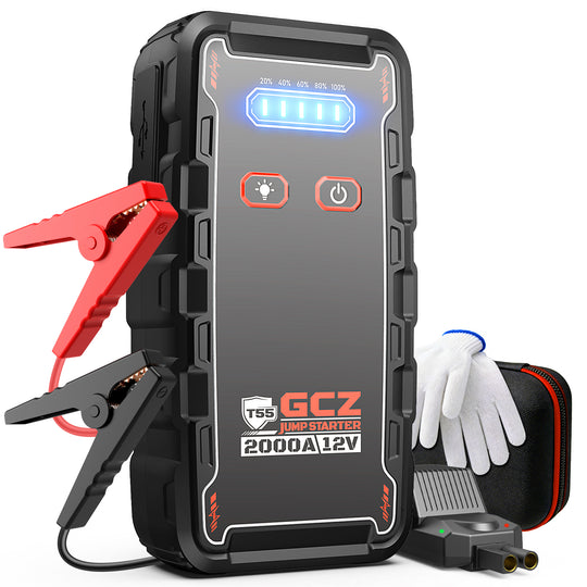 GCZ Car Jump Starter 2000A with Air Compressor, Power Bank, and LED Light for Road Emergencies and Tire Inflation