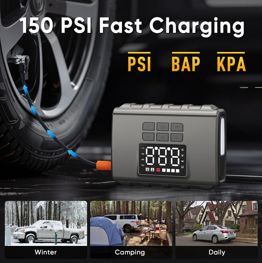 GCZ 3000A portable car jump starter with 150PSI air compressor and 20000mAh power bank for roadside emergencies.