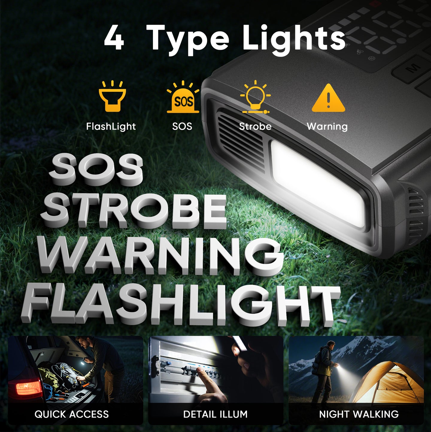 GCZ 3000A portable car jump starter with 150PSI air compressor and 20000mAh power bank for roadside emergencies.