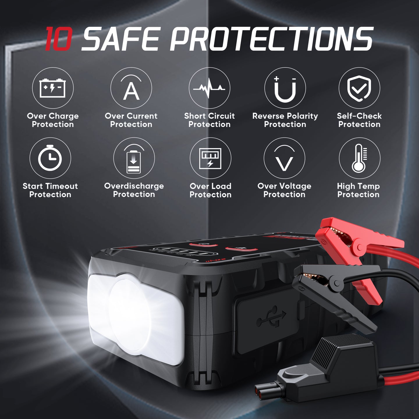 GCZ Car Jump Starter 2000A with Air Compressor, Power Bank, and LED Light for Road Emergencies and Tire Inflation