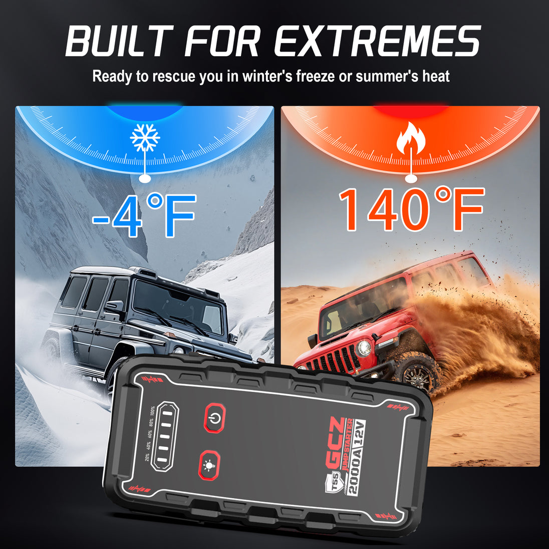 GCZ Car Jump Starter 2000A with Air Compressor, Power Bank, and LED Light for Road Emergencies and Tire Inflation