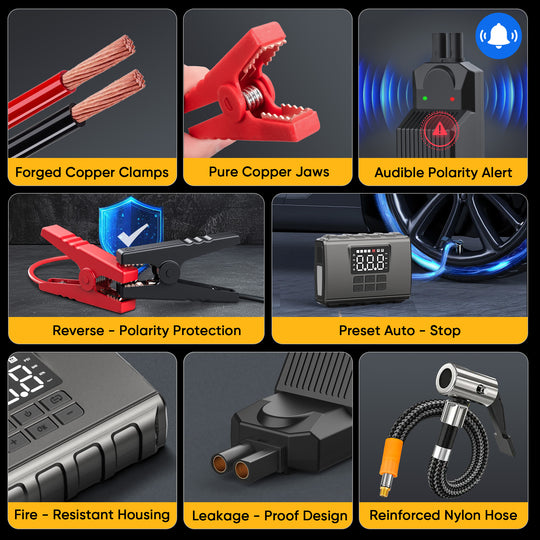 GCZ 3000A portable car jump starter with 150PSI air compressor and 20000mAh power bank for roadside emergencies.