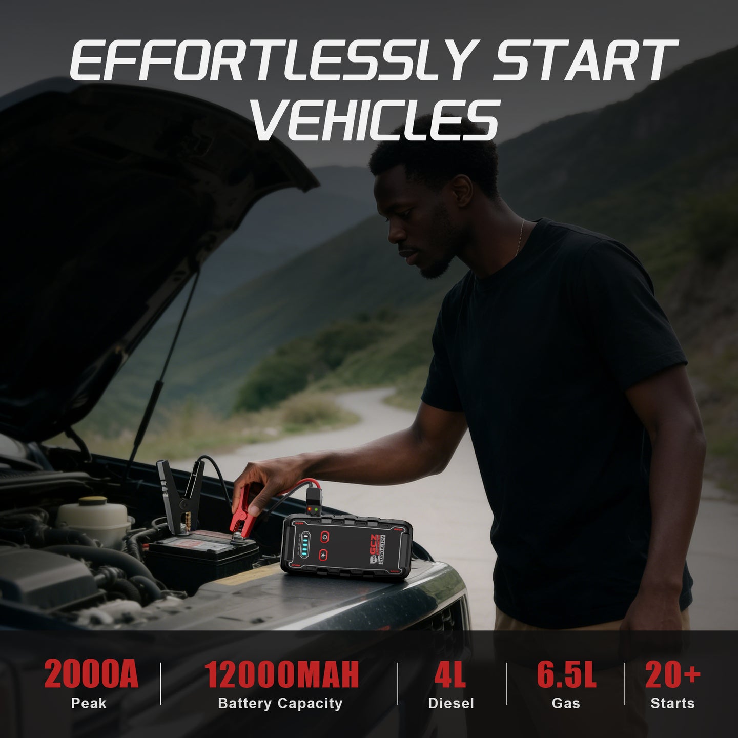 GCZ Car Jump Starter 2000A with Air Compressor, Power Bank, and LED Light for Road Emergencies and Tire Inflation
